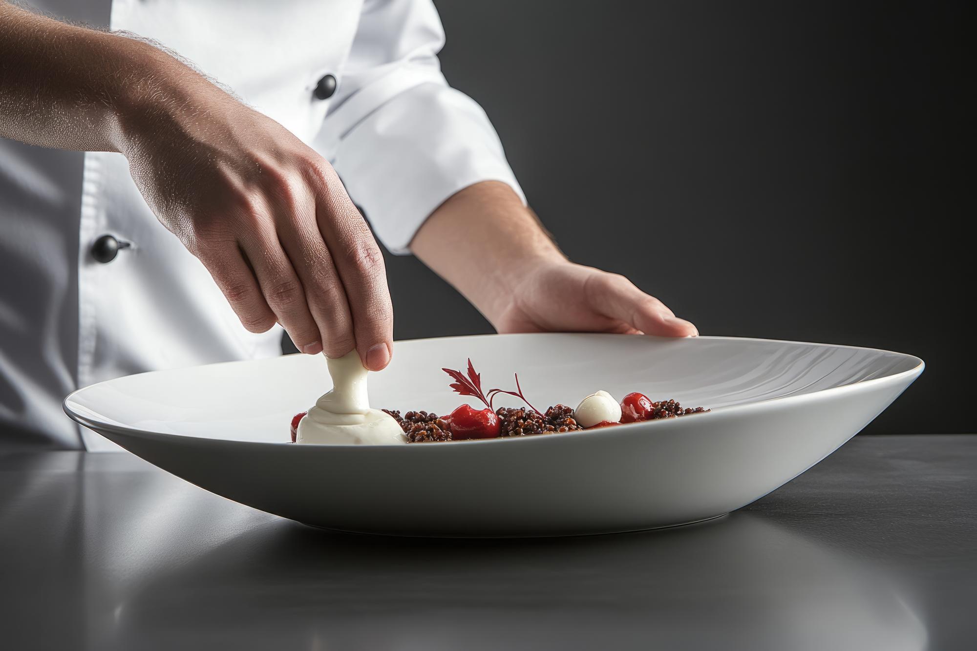 Chef arranging plated dish on modern counter