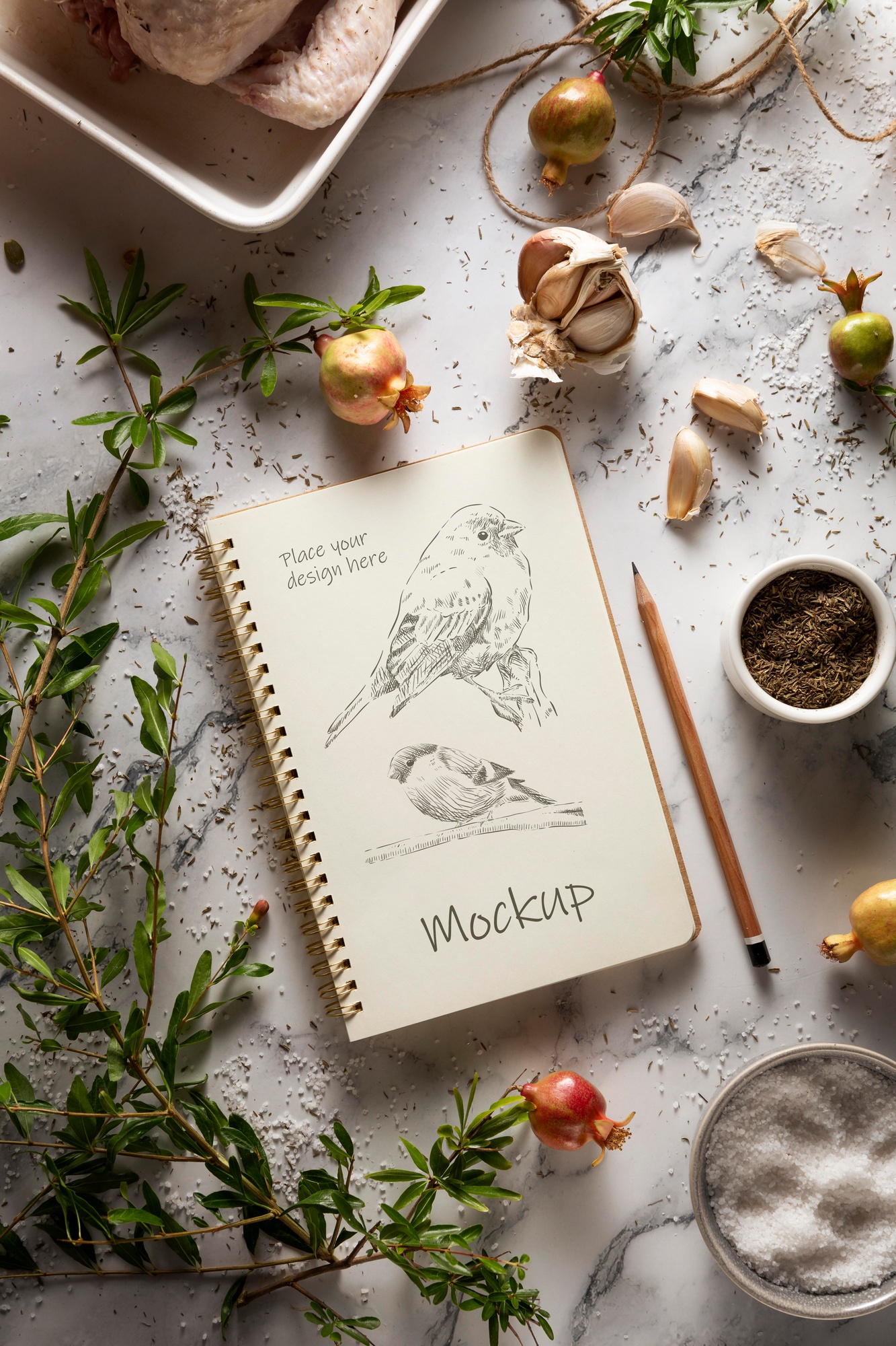Notebook with menu sketches and herbs